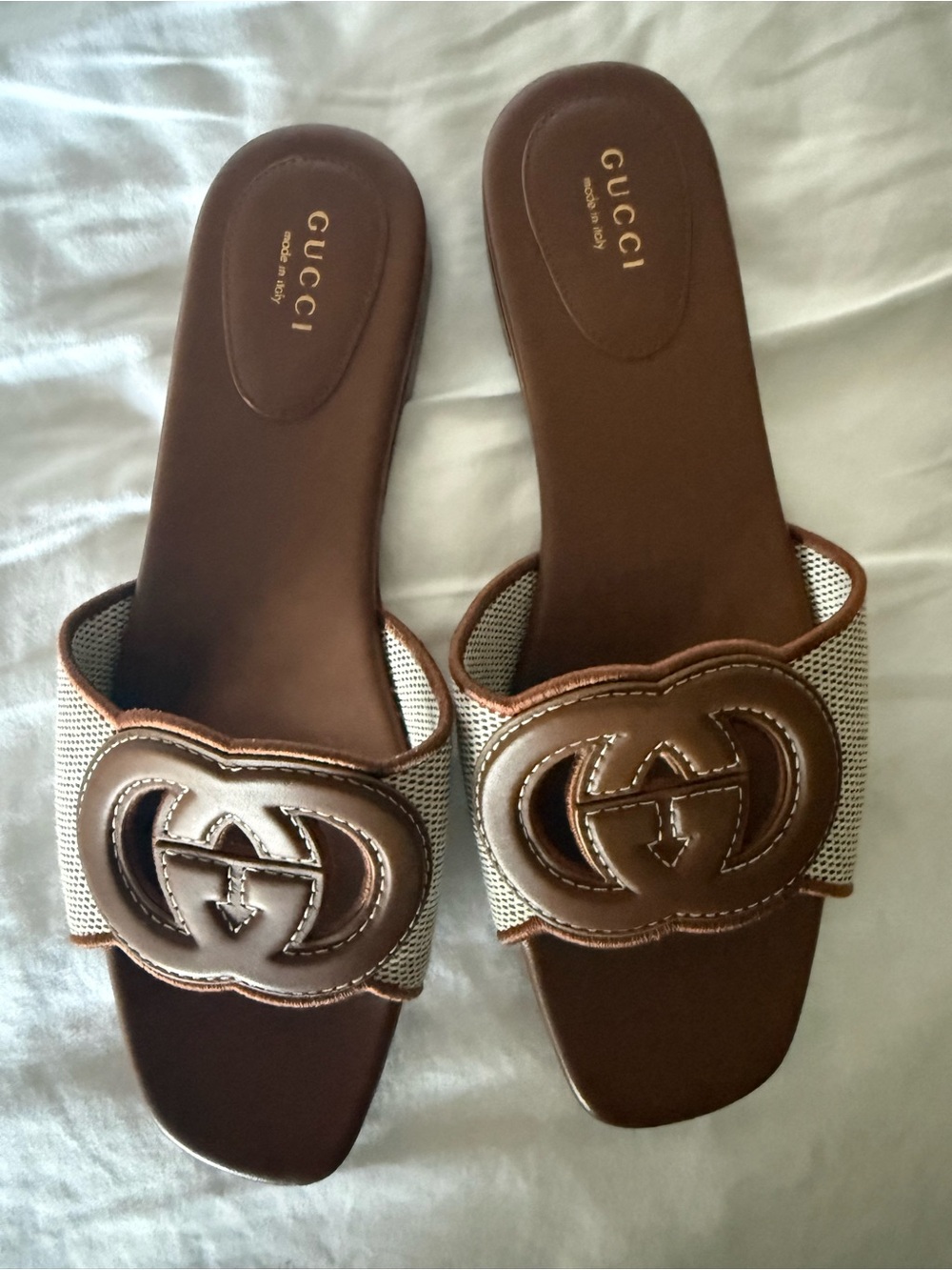 Gucci Brown Leather Logo Slide Sandals with Woven Upper